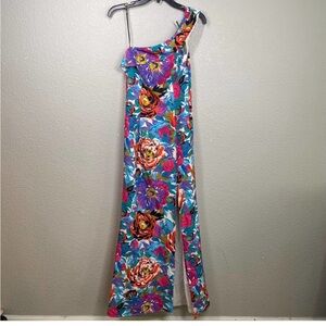 Black Halo Eve Size 0 Dolan Gown One Shoulder Maxi Dress Blue Floral Front Slit